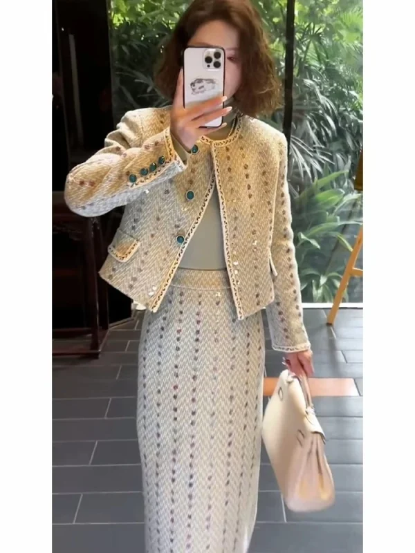 O-Collo Piccolo Profumato Manica Lunga Abbigliamento Donna 2025 Autunno Coreano Chic Abito Elegante Casual Semplice Nicchia Femminile Due Pezzi Set 1