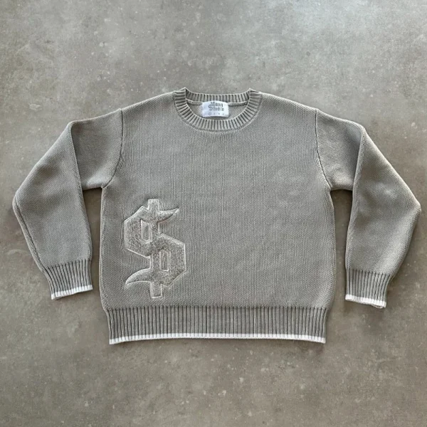 Y2K Maglione grigio a maniche lunghe Dollaro Gotico Ricamo Pullover Goth Retro Casual Streetwear Old Money Uomo Boxy Abbigliamento lavorato a maglia 1