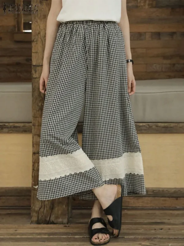 ZANZEA pantaloni a gamba larga da donna pantaloni lunghi con cuciture in pizzo Casual 2024 Pantalon elastico in vita autunnale pantalone corto scozzese Vintage 2