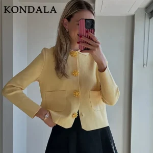KONDALA 2025 Autunno Inverno Burro Giallo Lavorato A Maglia Donne Giubbotti Moda Streetwear Couverture Colletto Solido Bottone Dritto Cappotti Della Signora 1