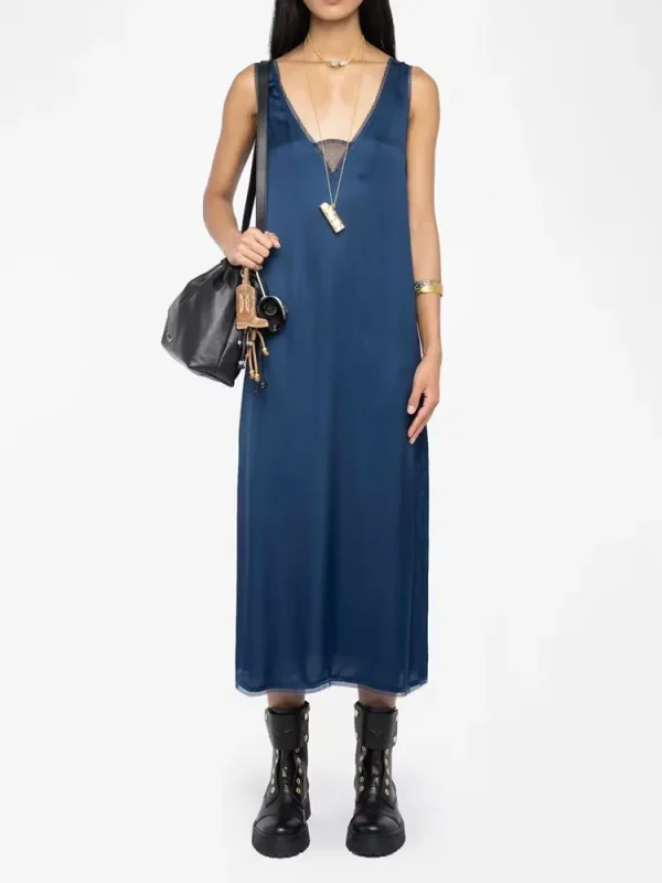 Abito longuette da donna in raso nero 100% viscosa con scollo a V impiombato in pizzo con spacco laterale senza schienale per donna 1