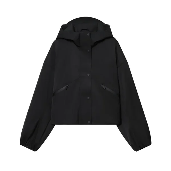 Cappotto da donna 2025 Autunno Nuovo stile Nero Manica lunga con cappuccio Giacca semplice antivento impermeabile Moda casual Versatile 1