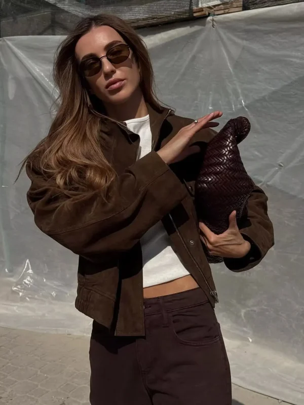 Tidalyf 2025 Giacca da donna in finta pelle scamosciata - Colletto rialzato, Manica lunga, Tasche decorative, Cappotto casual chic autunno inverno con orlo elastico 4