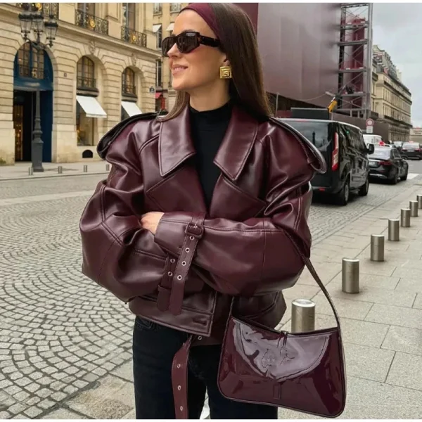 MUJER Giubbotti bomber in ecopelle da donna Giacca corta moda Donna Streetwear Capispalla Giacca a maniche lunghe Cappotti da donna 5