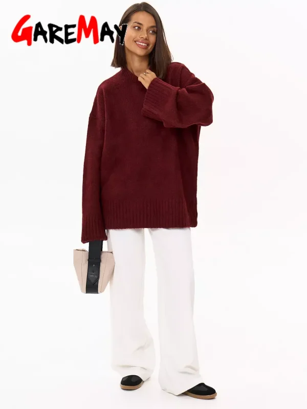 Maglione oversize da donna invernale Borgogna O-Collo Pullover vintage da donna Maglione basic grigio femminile caldo maglioni lavorati a maglia per le donne 3
