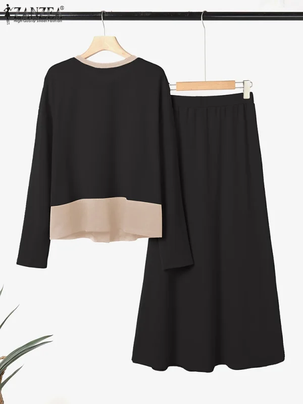 ZANZEA Set di abiti eleganti lavorati a maglia da donna 2025 Camicie patchwork di colore a maniche lunghe autunno e maxi gonne Moda casual allentata 2 pezzi 4