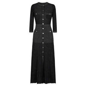Abito da donna slim fit in pizzo con bottoni a fila singola, collo rotondo lavorato a maglia in seta brillante elastica alla moda di alta qualità 1
