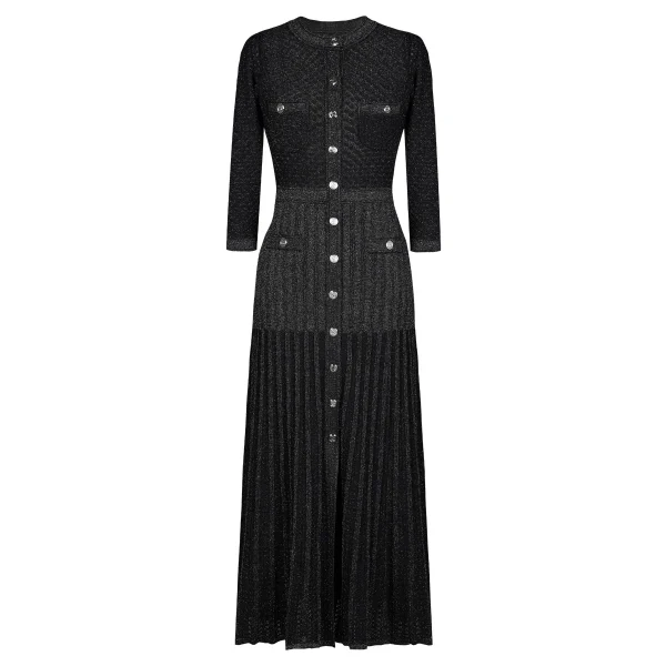Abito da donna slim fit in pizzo con bottoni a fila singola, collo rotondo lavorato a maglia in seta brillante elastica alla moda di alta qualità 1