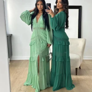 Abito lungo vintage vuoto Abiti da donna con scollo a V di lusso Abiti da sera chic per invitati a un matrimonio Damigella d'onore Boho Party Estate Verde Blu Nuovo 1