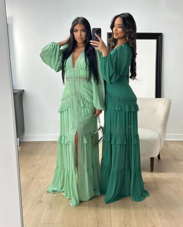 Abito lungo vintage vuoto Abiti da donna con scollo a V di lusso Abiti da sera chic per invitati a un matrimonio Damigella d'onore Boho Party Estate Verde Blu Nuovo 1