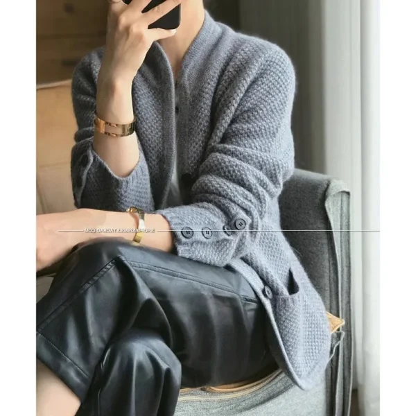 Autunno inverno nuovo addensato 100% Cashmere lana Cardigan donna Stand collo maglione maglione sciolto maglia Base maglione di lana giacca 4