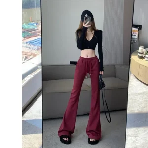 Vino rosso coulisse sport casual micro pantaloni svasati donna vita alta dimagrante nuova vendita calda della stagione primavera autunno trendy L 1