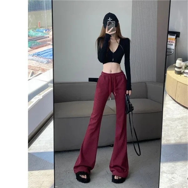 Vino rosso coulisse sport casual micro pantaloni svasati donna vita alta dimagrante nuova vendita calda della stagione primavera autunno trendy L 1