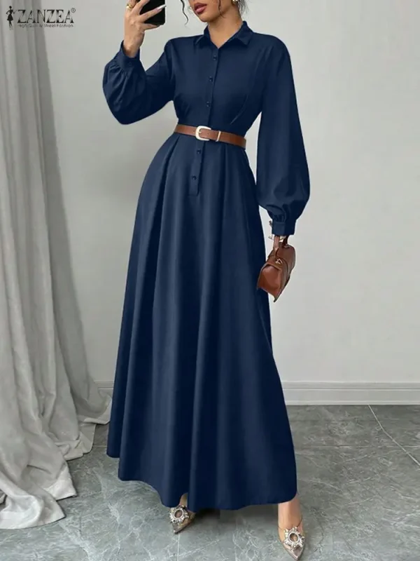 2025 ZANZEA Autunno Elegante Manica Lunga Lanterna Abiti Ufficio Abito da Donna Elegante Vita Maxi Robe Solido Pieghettato Vestito Estivo da Lavoro 5