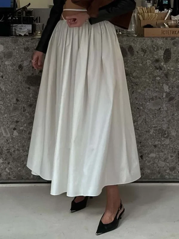 Oymimi Moda Gonna da donna in cotone bianco Elegante gonna a pieghe con lacci allentata Casual Nuove gonne a metà polpaccio solide Abbigliamento femminile 1