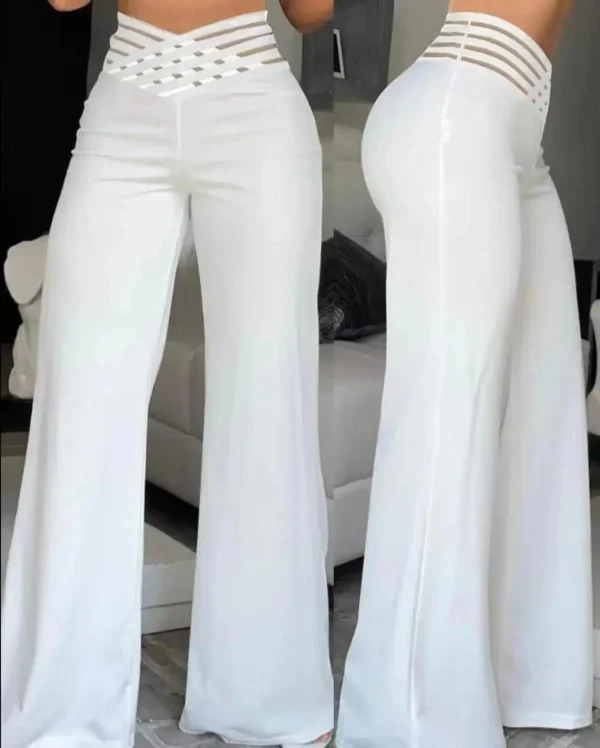 Pantaloni svasati a gamba larga da donna Autunno Casual incrociati con toppa in rete trasparente Pantaloni a vita alta Y2k Streetwear Pantaloni da lavoro eleganti 2