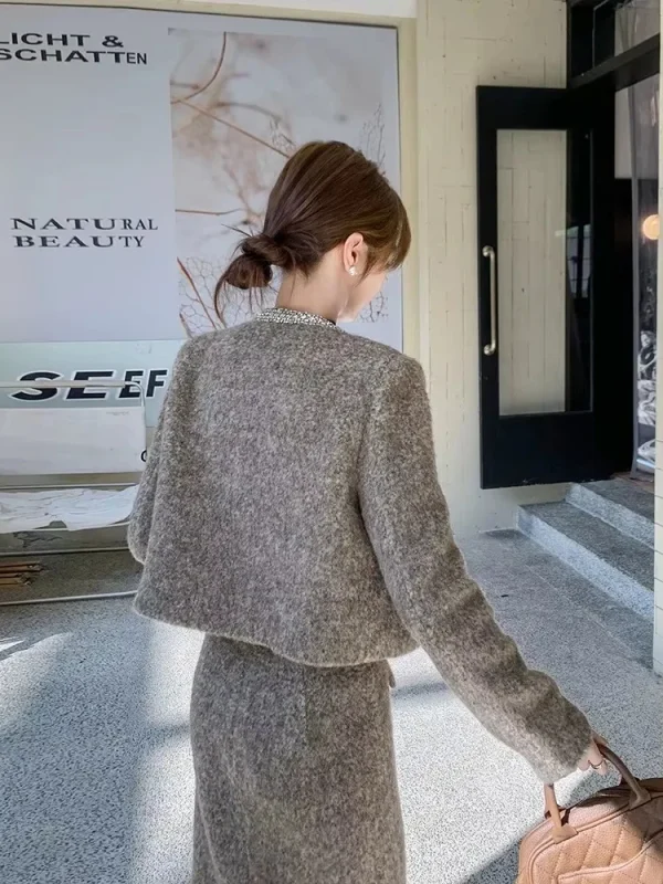 UNXX Elegante stile classico di lana giù giacca a maniche lunghe gonna abiti autunno/inverno 2025 retrò set a due pezzi donna ufficio signora 3