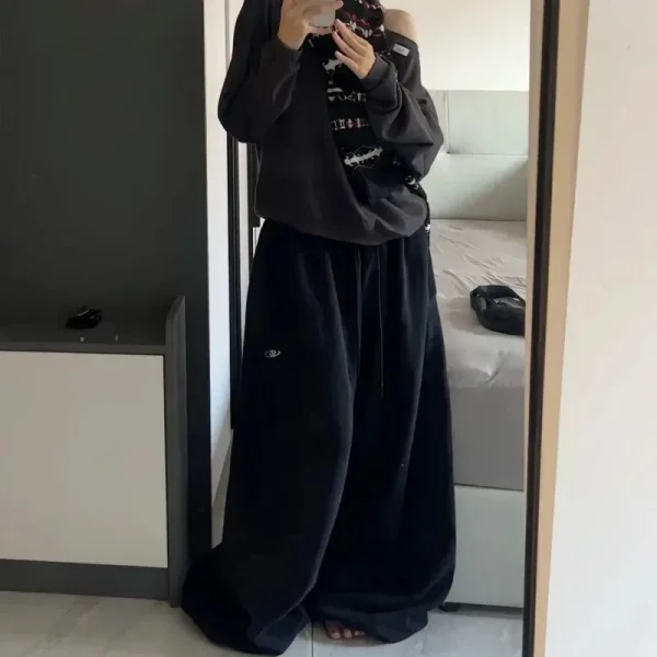 Pantaloni sportivi casual neri American retro hip-hop da donna oversize coreano streetwear pantaloni da jogging larghi pantaloni a gamba larga a vita alta 3