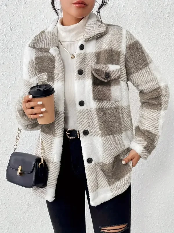 Europa e Stati Uniti autunno e inverno cappotto scozzese con risvolto con bottoni aperti giacca scozzese con bottoni sul davanti calda 1