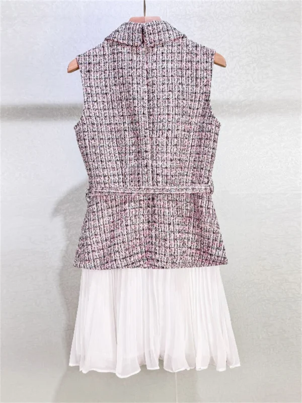 Abito da donna elegante finto in due pezzi patchwork di tweed a pieghe senza maniche colletto rovesciato mini vestaglia di lusso da donna con fasce 3