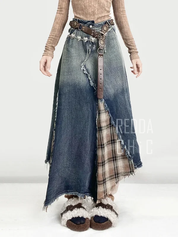REDDACHiC Gonna di jeans scozzese patchwork irregolare Donna Do Old Gradient Overlay Vita Maxi Gonna jeans lunga Y2k Retro Streetwear 3