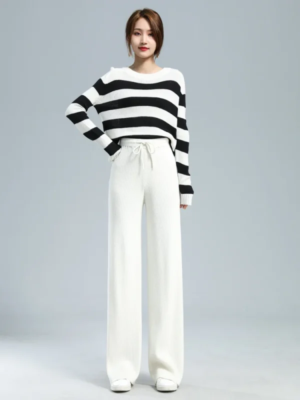 100% lana lavorata a maglia costole pesanti pantaloni larghi a gamba larga lunghezza del pavimento pantaloni All-match lana morbida donna autunno inverno pantaloni Casual #15 4