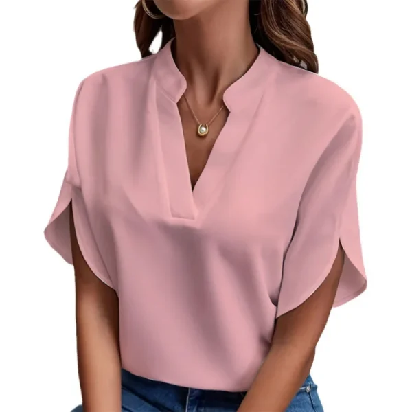 T-shirt con scollo a V da donna, tinta unita, casual, versatile, europea e americana, a maniche corte, per ufficio, bellezza, camicia da donna 5