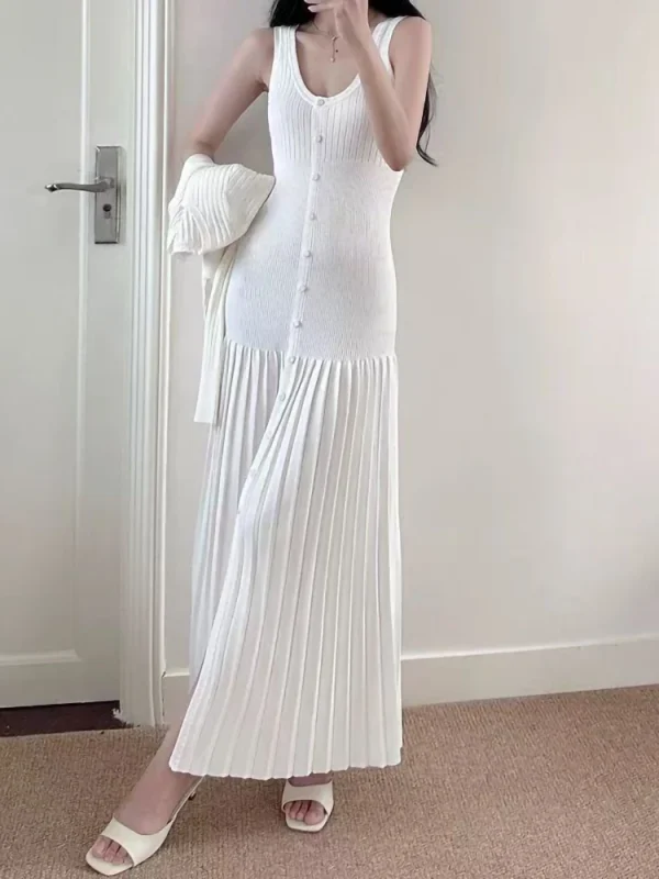 Inizio autunno nuovo bianco sexy profondo scollo a V vestito dal carro armato delle donne temperamento elegante monopetto splicing pieghettato abito lungo da donna 1