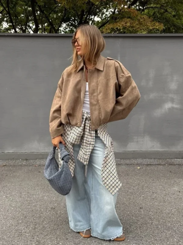 Giacca invernale in pelle scamosciata allentata kaki moda donna casual colletto rovesciato zip-up cappotto spesso 2025 nuove donne capispalla streetwear 3