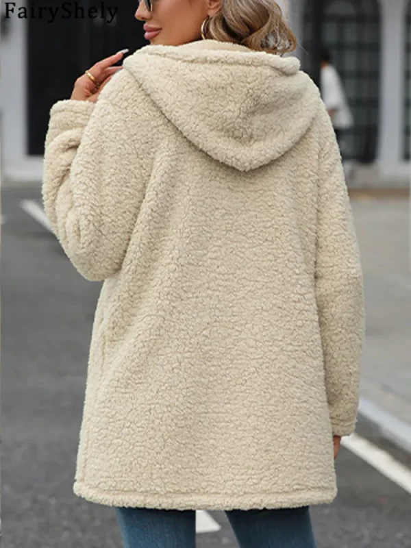 FairyShely 2025 Inverno Solido Patchwork Giacca da donna Spessa peluche con cappuccio Caldo manica lunga Cappotto lungo Cardigan con cerniera morbida Cappotto da donna 5