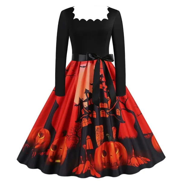 Abito di Halloween per donna colletto quadrato manica lunga stampa vintage festa da sera elegante autunno inverno vestito estivo midi 6
