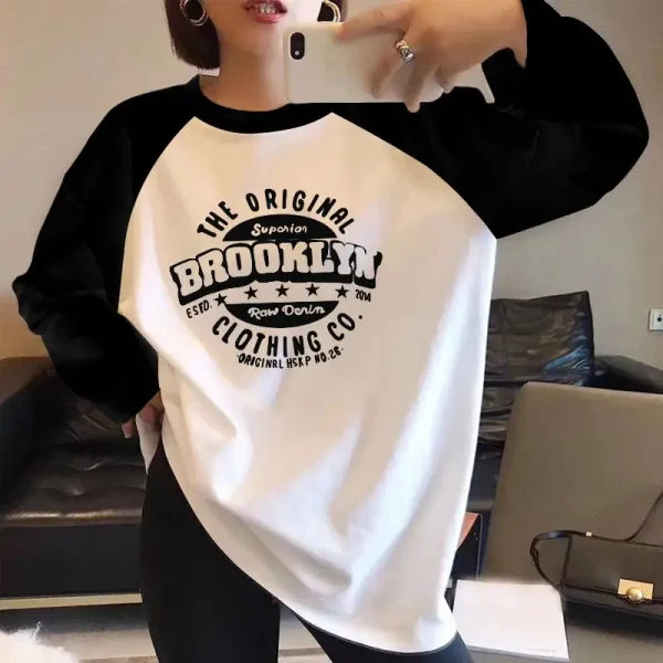 T-shirt allentata oversize vintage stile americano autunno inverno Abbigliamento donna T-shirt casual a maniche lunghe con o-collo Top chic in puro cotone 3
