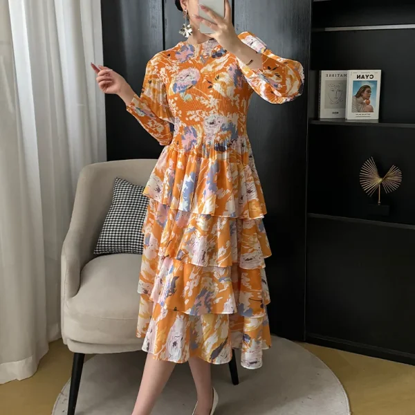 2024 primavera abito longuette plissettato nuovo stile straniero stampa gonna a bolle Vintage vita arricciata floreale abiti Slim abbigliamento donna 2