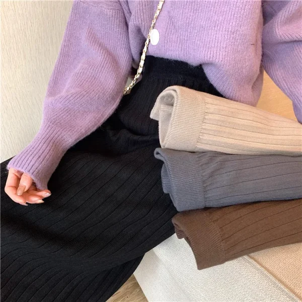 Minigonna longuette lavorata a maglia nera da donna a vita alta slim fit aderente gonne divise autunno inverno primavera moda elegante 4