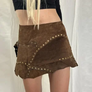 Gonna corta in pelle scamosciata con orlo irregolare Vintage Marrone Fibbia in metallo Cinghie avvolgenti Minigonne 2025 New Lady Autunno Inverno Y2k Abbigliamento 1