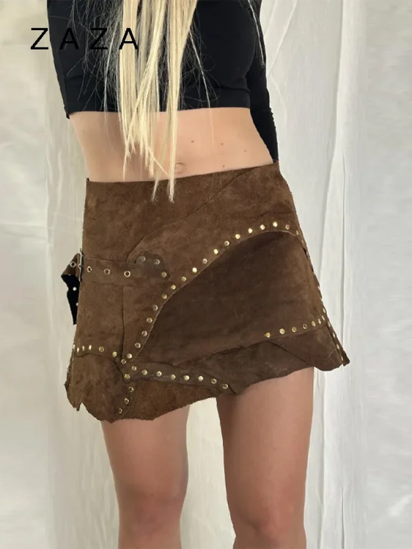 Gonna corta in pelle scamosciata con orlo irregolare Vintage Marrone Fibbia in metallo Cinghie avvolgenti Minigonne 2025 New Lady Autunno Inverno Y2k Abbigliamento 1