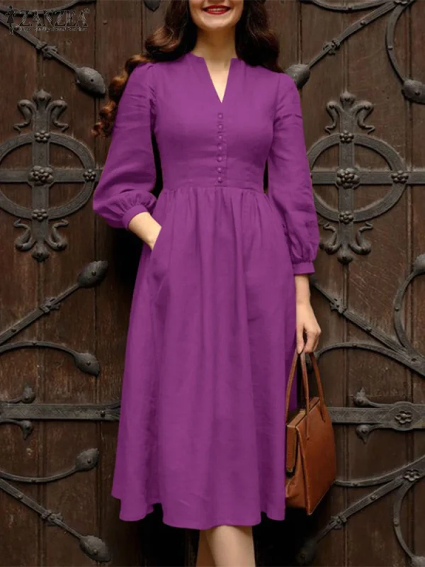 ZANZEA 2025 Autunno Abiti da lavoro solidi Donna Scollo a V Abito a maniche lunghe Elegante A Line Party Vestito estivo Casual Bottone solido Midi Robe 4