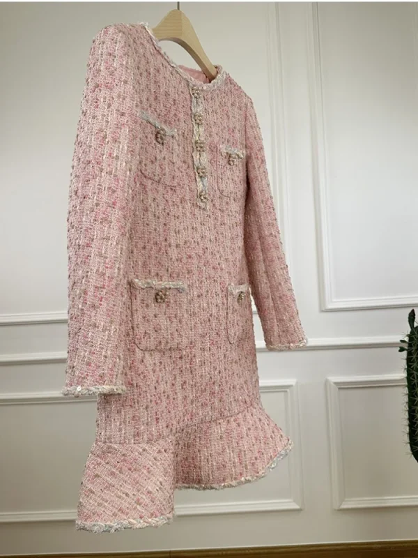 Abito di lana stile rosa delicato con piccola fragranza Abiti di lana a sirena con bottoni di lusso eleganti di fascia alta da donna 2