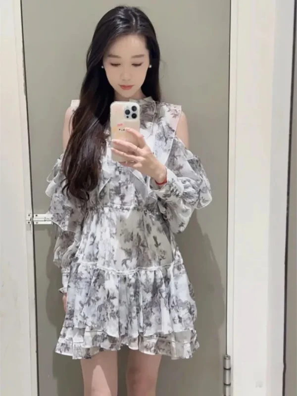 Abito da donna a maniche lunghe con spalle scoperte Abiti con volant Primavera Tunica con lacci Abiti Stile giapponese Vestido 2025 Nuovo Ropa Mujer 4