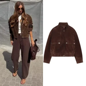 Tidalyf 2025 Giacca da donna in finta pelle scamosciata - Colletto rialzato, Manica lunga, Tasche decorative, Cappotto casual chic autunno inverno con orlo elastico 1