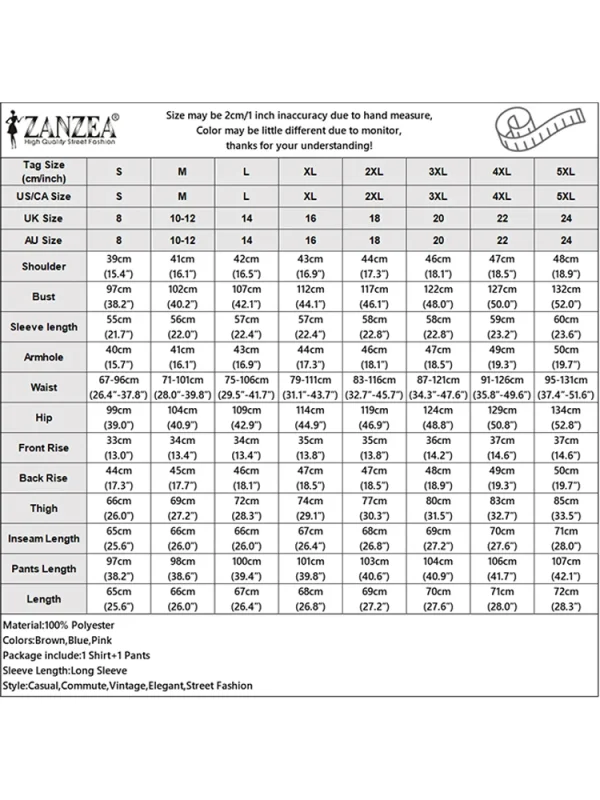 ZANZEA Donna Due Pezzi Outfit 2025 Moda Top a Manica Lunga Autunno Casual Solido A Vita Alta Pantaloni Lunghi Set 2PCS Abiti Tuta 6