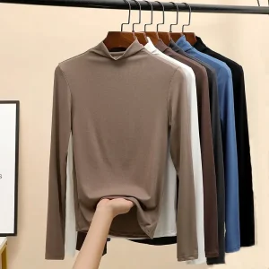 YSZWDBLX T-shirt da donna Autunno Inverno Manica lunga Mezza collo alto Camicia con fondo in modale morbido Ad alta resistenza Abbigliamento interno caldo coreano 1