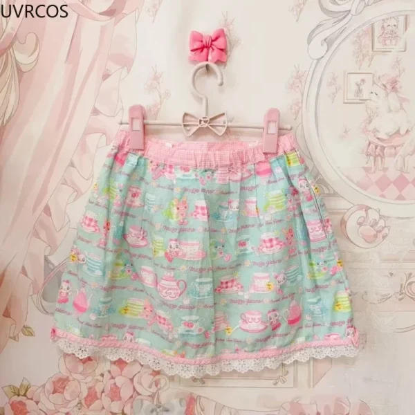 Dolce Lolita Stile Torta Mini Gonne Giappone Donne Kawaii Cartoon Ricamo Arco Gonne a pieghe Y2k Gonna corta da fata Faldas Mujer 4