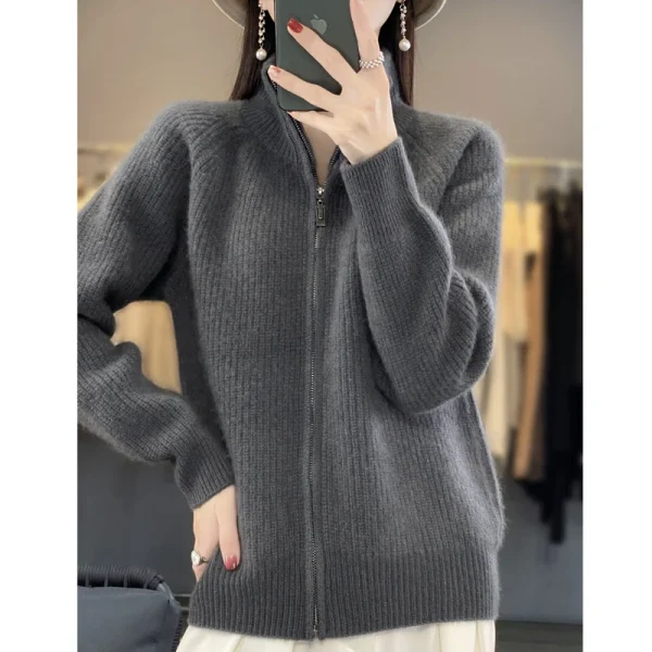 Cardigan con cerniera in pura lana al 100%, spalla imbottita, colletto alla coreana, cappotto lavorato a maglia in cashmere da donna, nuovo maglione con risvolto 5