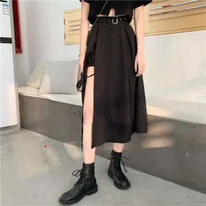 Party Club Vita alta Femme Fondo Streetwear Gonna gotica Vintage gotico scuro Gonne a metà polpaccio con spacco alto Donna Moda elegante 1
