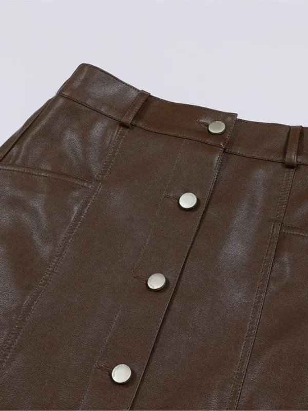 ZUZK gonna a trapezio in pelle Pu da donna 2024 autunno inverno elastc bottone in vita decorativo elegante gonna da donna da ufficio 2 colori 5
