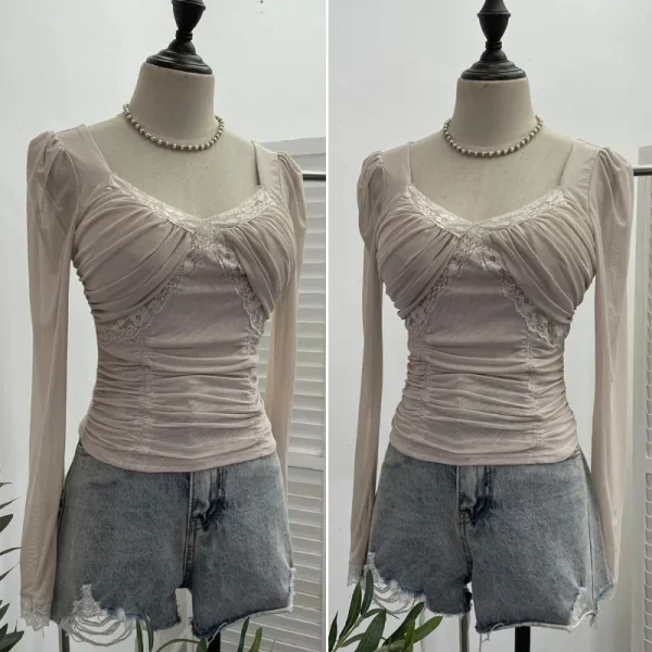 T-shirt a maniche lunghe in rete impiombata con pizzo rivelatore del seno imbottito sexy da donna T-shirt corta slim fit Y2K Top Partyclub Leisure 2673 4