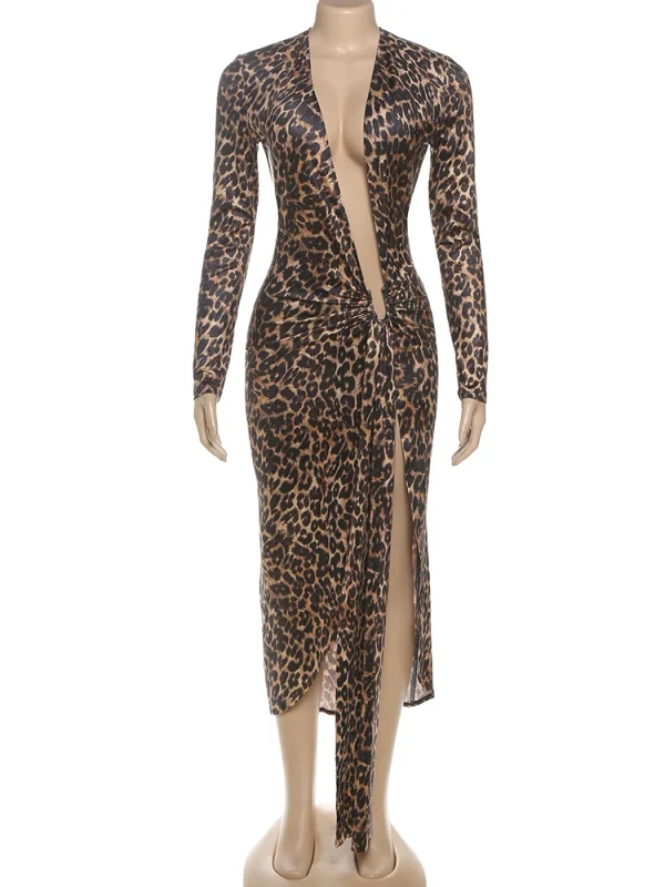 Nibber Coquette Leopard Print Abito da donna Y2K Sexy Profondo scollo a V Nastro increspato Skinny Alta Split Midnight Party Autunno Chic Abiti 6