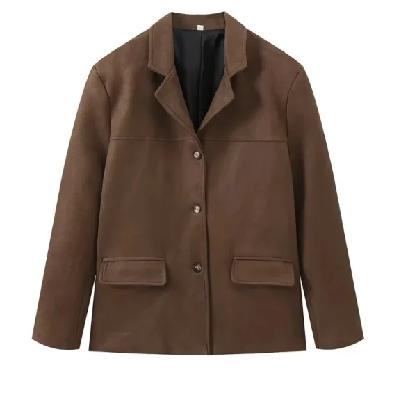 2024 autunno inverno Woomen giacca in pelle scamosciata con risvolto donna Casual monopetto tasca manica lunga cappotto corto Street soprabito 6