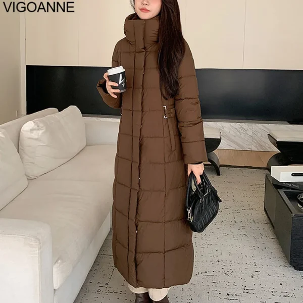 VigoAnne 2025 Coreano Casual Con Cappuccio Imbottiture Cappotto Lungo Delle Donne Solido Tasca A Maniche Lunghe Inverno Giacca Allentata Della Signora di Spessore Caldo Outwear 6